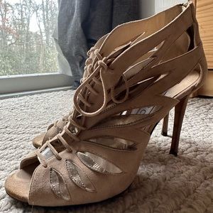 Jimmy Choo cream and gold lace up stilettos.